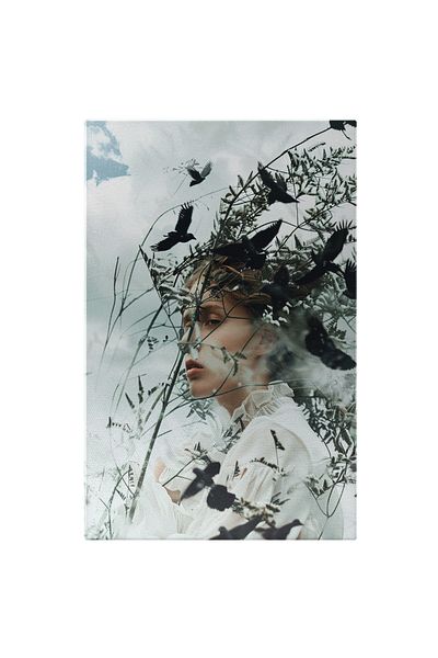 StoryGift Romania Tablou Canvas Misterioasa Fata Cu Pasarele Mici Negre Imprejur In Rochie Alba Cu Nori Pufosi P