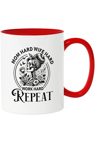 StoryGift Romania Mug with a female skeleton with the message "Mom Hard, Wife Hard, Work Hard, Repeat", With ,STG