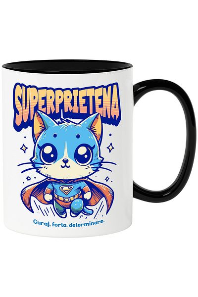 StoryGift Romania Super Friend Mug, Superhero, Flying Cat, 330ml, Ceramic with Black Handle, With Ma,STG