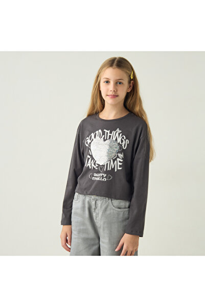 Juniors Embellished Round Neck T-Shirt With Long Sleeves