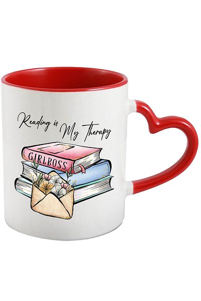 StoryGift Romania Mug with a stack of books with the message "Reading is my therapy", book, illustration,, With ,STG
