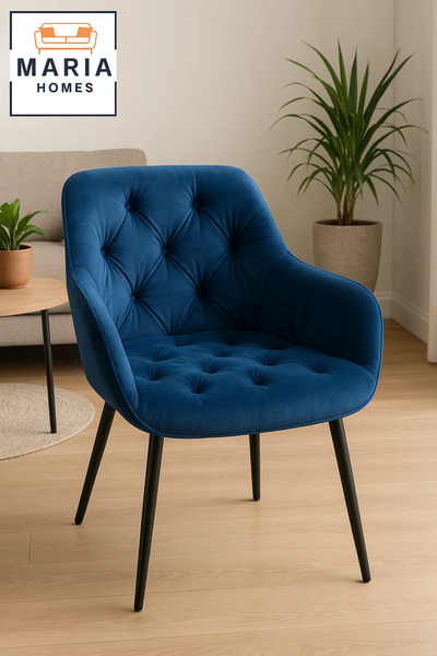 MARIA HOMES Royal Blue Velvet Armchair – Tufted Upholstered Chair with Black Legs for Home, Office, or Lounge