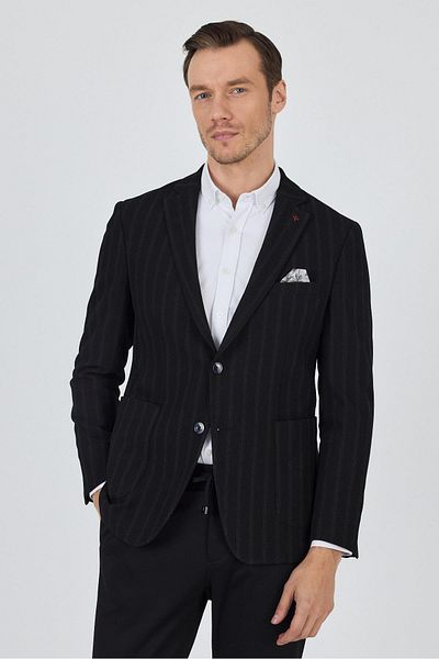 İmza Jachetă neagră Mono Guler Gofré Flexibilă 6 Drop Slim Fit Casual 1002250126