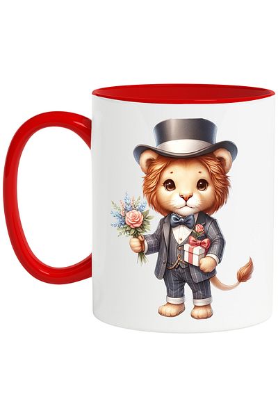 StoryGift Romania Mug with a lion in a suit, illustration, bouquet of flowers, gift, hat, but for, With, STG