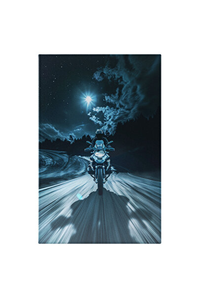 StoryGift Romania Tablou Canvas Motociclist In Intuneric, Barbat Cu Echipament Si Casca Pe Un Drum Pustiu In Mie