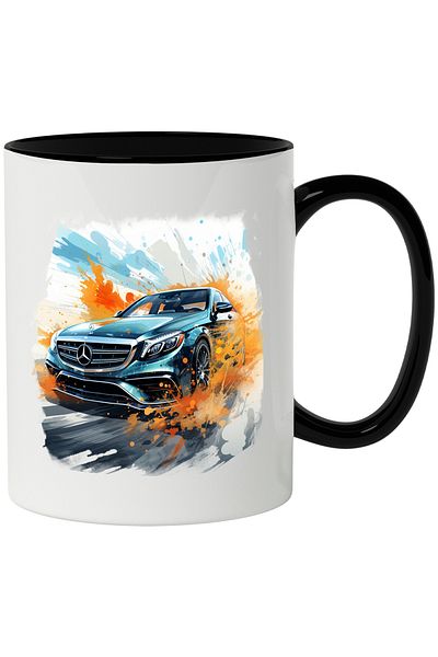 StoryGift Romania Mug With Car, Brand, Mercedes, Road, Sky, Splash Watercolor, Multicolor 330 m, With ,STG