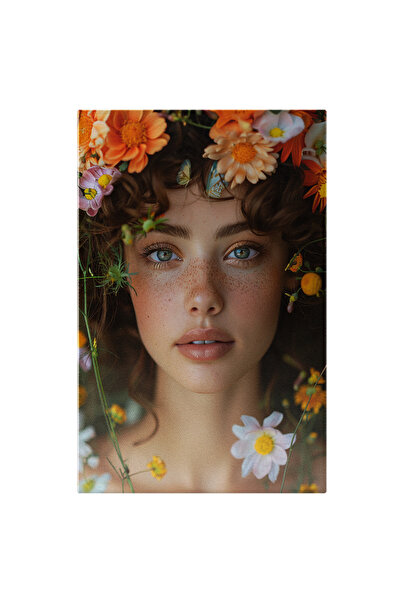 StoryGift Romania Tablou Canvas Femeie Invaluita In Flori Colorate Cu Gene Lungi Si Pistrui Cu Par Saten Ondulat