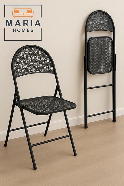 MARIA HOMES Black Folding Chair with Intricate Patterned Back – Space-Saving Outdoor & Indoor Seating