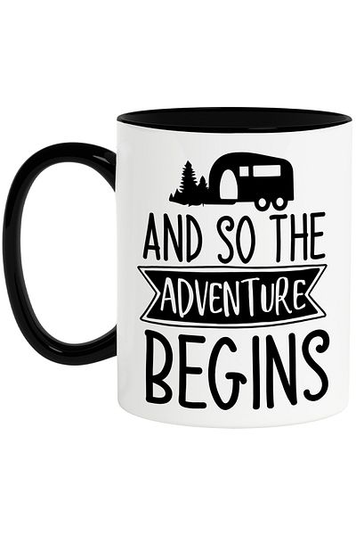 StoryGift Romania Mug with a caravan and trees with the message "And so the adventure begins" - and so on, With ,STG