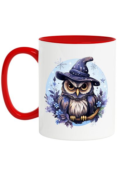 StoryGift Romania Mug with an irritated owl with a witch's hat, illustration, branch, flower, With,STG