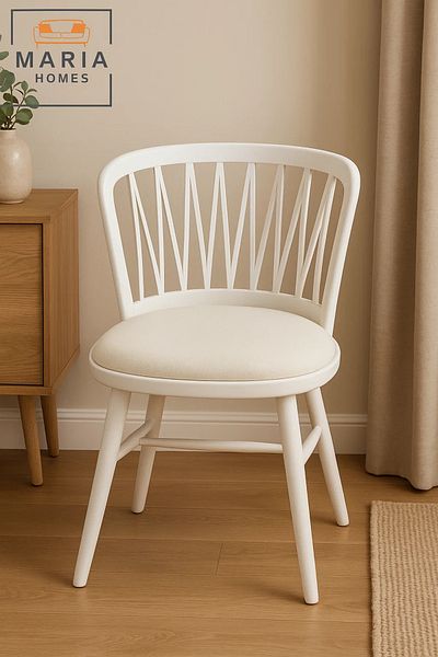 MARIA HOMES White Backrest Chair with Cream Padded Seat – Modern Plastic Dining Chair