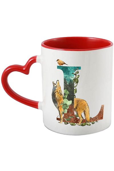 StoryGift Romania Mug With Letter, L, Wolf, Bird, Leaves, Multicolor 330 ml, Ceramic with Handle Ini, With ,STG