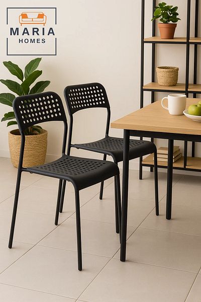 MARIA HOMES Modern Black Plastic Chair with Perforated Back and Seat – Lightweight & Stackable