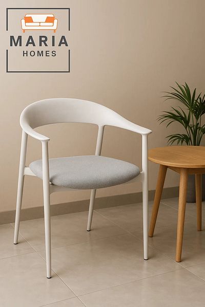 MARIA HOMES White Modern Armchair with Light Grey Fabric Seat – Minimalist Dining or Office Chair