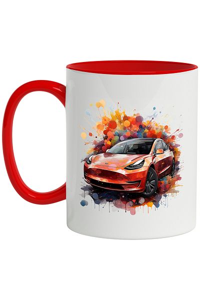 StoryGift Romania Mug With Car, Tesla, Polka Dots, Watercolor Illustration, Multicolor 330 ml, Ceramic, With ,STG