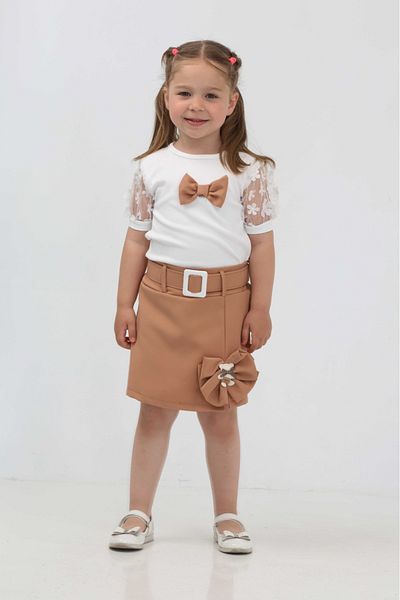 diloxe Girl's Tulle Short Sleeve Bow Detailed Belted Shorts Skirt Set