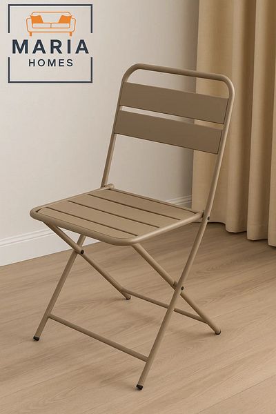 MARIA HOMES Beige Folding Metal Chair with Slatted Design – Space-Saving & Durable for Indoor/Outdoor Use