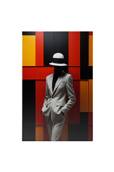 StoryGift Romania Tablou Canvas: Portret Manechin În Costum Crem Și Pălărie Pe Fundal Geometric Pictura Digitala