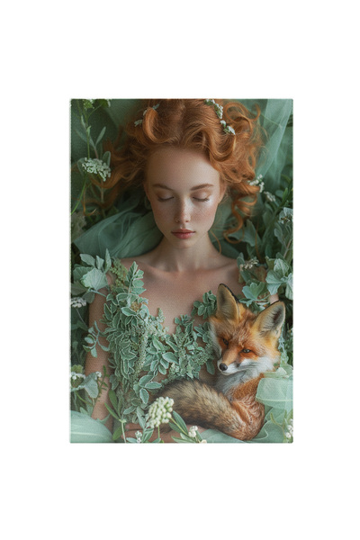 StoryGift Romania Tablou Canvas Natura Inverzita, Fata In Rochie Verde Cu Parul Roscat Si Ochii Inchisi Cu O Vul