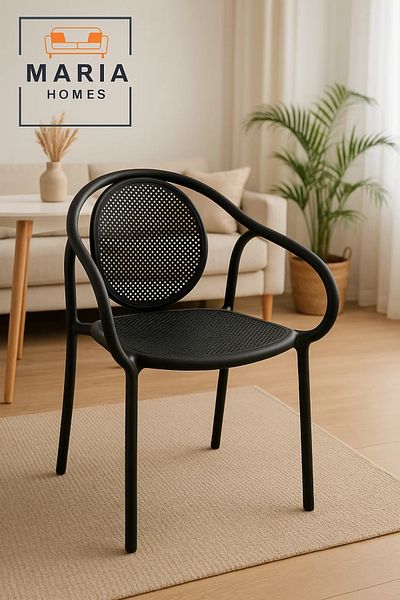 MARIA HOMES Sleek Black Metal Mesh Armchair – Modern Indoor Outdoor Chair for Home, Café, or Patio Use