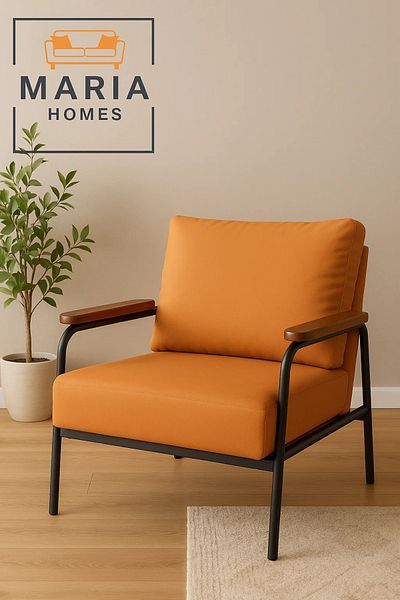 MARIA HOMES Modern Lounge Chair with Orange Faux Leather – Wooden Armrests & Metal Frame for Home or Office
