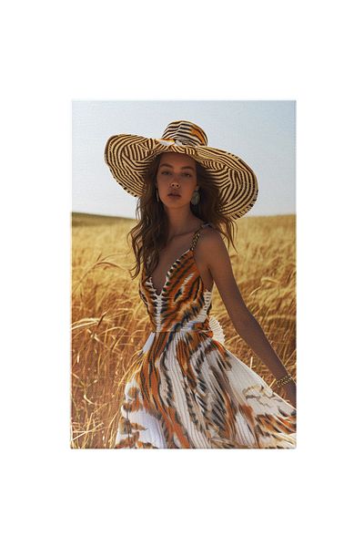 StoryGift Romania Canvas Painting 70 x 50CM Beautiful Women in Dress with Tiger Pattern and Colorful Hat, STG