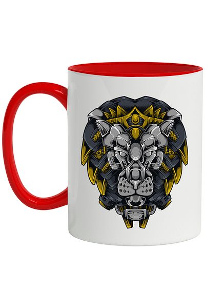 StoryGift Romania Lion Mug, Head, Mane, Robot, Cyberpunk, Sci Fi, Multicolor 330 ml, Ceramic c, With ,STG