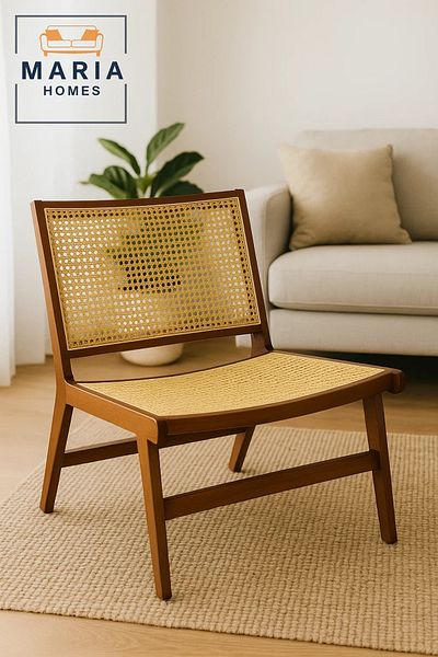 MARIA HOMES Classic Wooden Lounge Chair with Handwoven Rattan Seat and Backrest – Vintage Boho Accent Seating