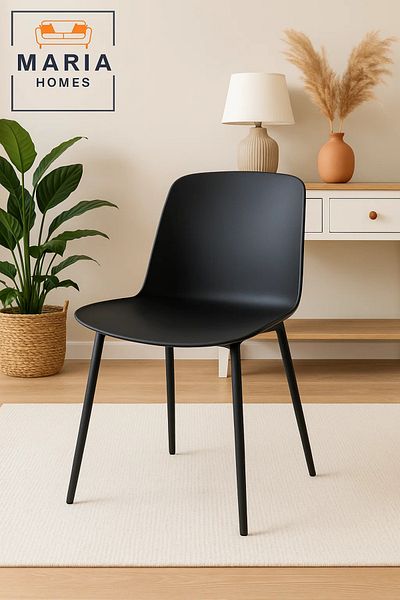MARIA HOMES Modern Black Dining Chair with Ergonomic Plastic Seat and Metal Legs – Minimalist Home Furniture