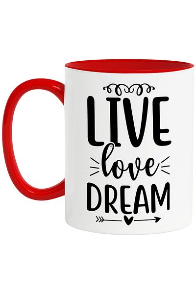 StoryGift Romania Mug with a message that encourages you to live, love and dream with a Red Handle, by STG