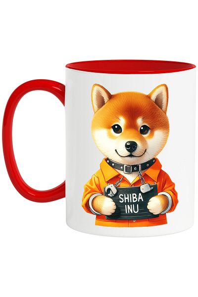 StoryGift Romania Mug with a Shiba Inu puppy in prison, illustration, collar, prisoner uniform,, With ,STG