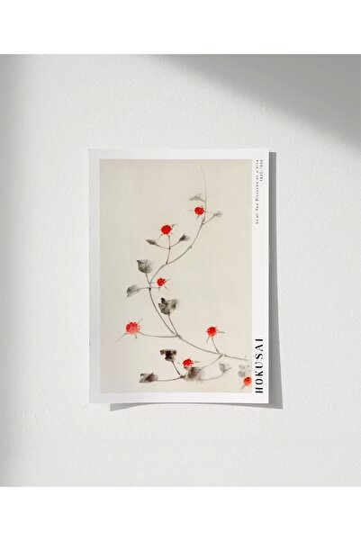 VOGLOO Çerçevesiz Poster Hokusai Asma Üzerinde Küçük Kırmızı Çiçekler