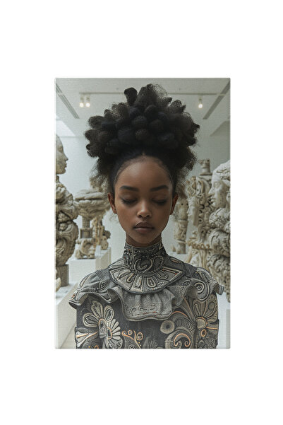 StoryGift Romania Tablou Canvas Copila Tanara Cu Pielea Neagra Si Parul Cret Intr-o Camera Cu Statui Imbracata I