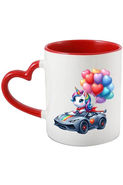 StoryGift Romania Mug with a unicorn driving a Lamborghini | illustration | lots of balloons, With ,STG