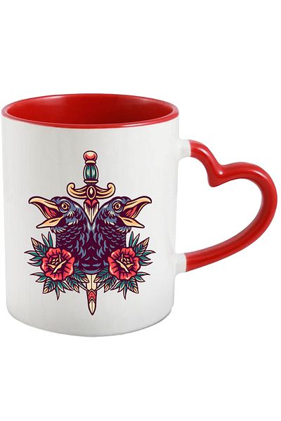 StoryGift Romania Mug With Crows, Decorative Dagger, Flowers, Leaves, Symmetrical, Multicolor 330 ml, Sky, With ,STG