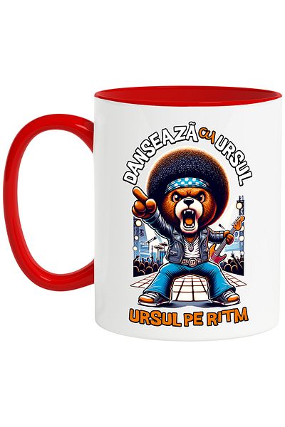 StoryGift Romania Mug The Bear on the Rhythm. Dance with the Bear Fun, 330ml, Ceramic with Red Handle, With M,STG