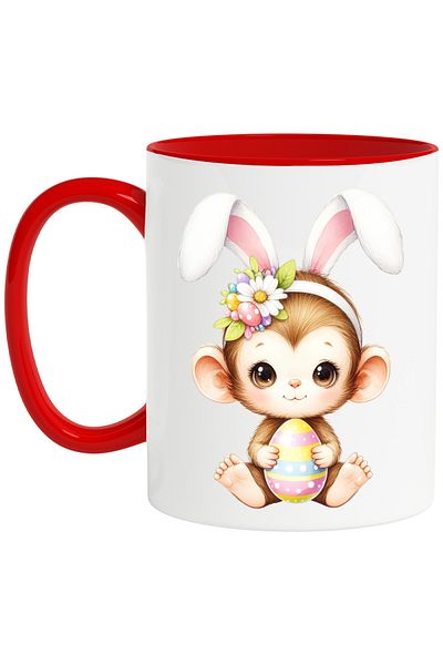StoryGift Romania Mug with a cheerful monkey, illustration, painted egg, bunny ears, popcorn,, With ,STG