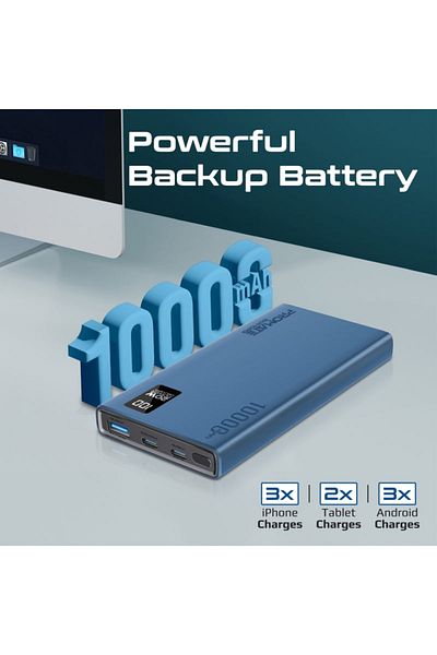 Promate Bolt-10PD Power Bank with 20W PD Charging, Dual USB-C Ports, and 22.5W USB-A Port - Blue