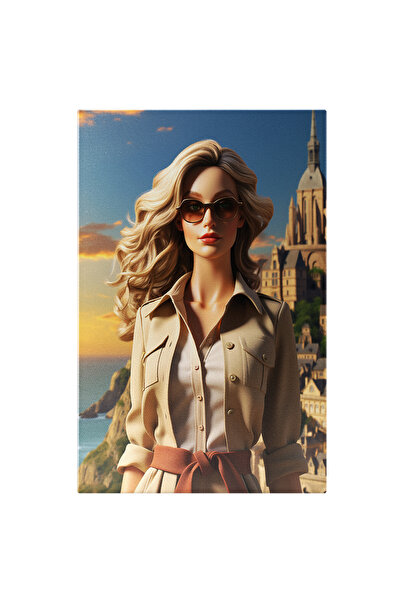 StoryGift Romania Tablou Canvas: Boss Woman Femeie Cu Par Blond Imbracata In Alb Si Bej Langa Lac Si Stanci Pict