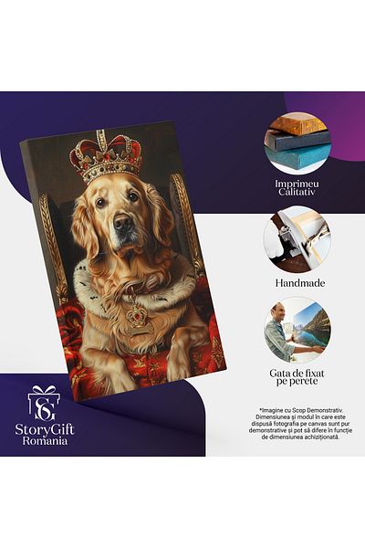 StoryGift Romania Tablou Canvas Regalitate Cu Lăbuțe Câine Golden Retriever Tolănit Pe Capa Roșie , Pictura Digi