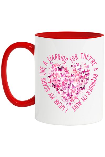 StoryGift Romania Butterfly heart mug with the message "I wear my scars like a warrior for they're, With ,STG