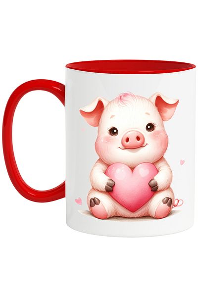 StoryGift Romania Mug with a piglet holding a heart in its arms | illustration | love | affection, With ,STG