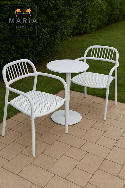 MARIA HOMES White Woven-Seat Plastic Chair with Armrest – Lightweight Indoor Outdoor Modern Patio Dining Chair