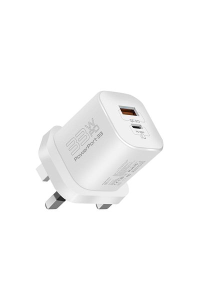 Promate PowerPort-33 Dual-Port (Type-C and USB-A) Fast Charging Wall Charger - 33W - White