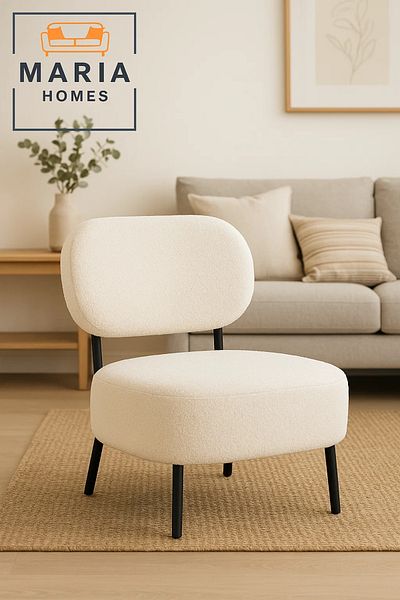MARIA HOMES Modern White Bouclé Accent Chair with Wide Seat – Cozy Lounge Chair for Living Room or Office