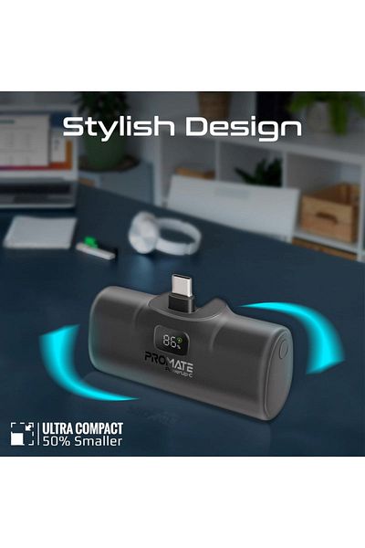 Promate PowerUp-C Power Bank 5000mAh with Fast Charging and Built-in USB-C Connector - Black