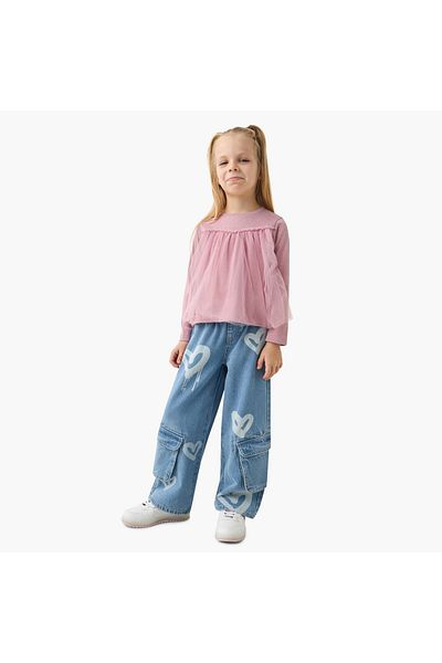Juniors Solid Crew Neck Top With Long Sleeves And Tulle Detail