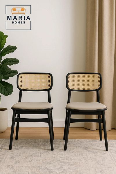 MARIA HOMES Black Wooden Chair with Rattan Backrest and Padded Beige Seat – Modern Cane Dining Chair