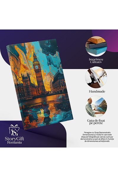 StoryGift Romania Tablou Canvas: Pictură Big Ben, Nuanțe Reci Și Calde De Albastru Și Portocaliu- Arhitectură Și