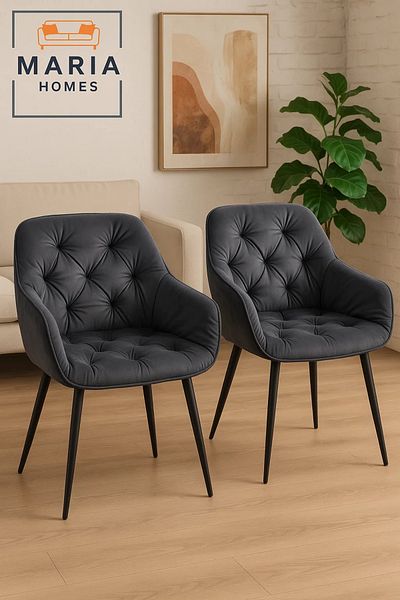 MARIA HOMES Dark Grey Velvet Tufted Armchair – Upholstered Lounge Chair with Black Legs for Home or Office Use